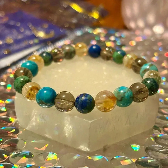 🩵Genuine turquoise + azurite + citrine + smoky quartz handmade beaded bracelet - Picture 3 of 3